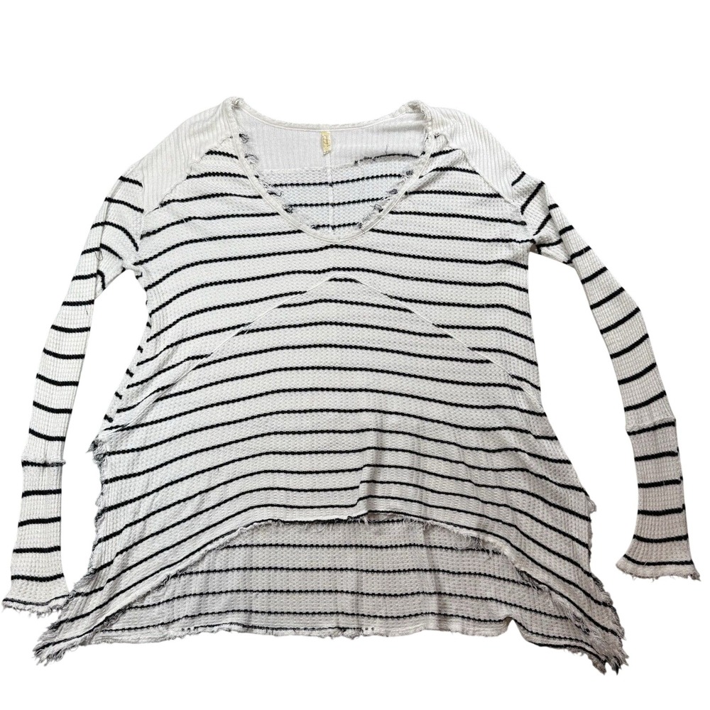 Free People Sweater Women's Medium White Black Striped Thermal High‎ Low Hem